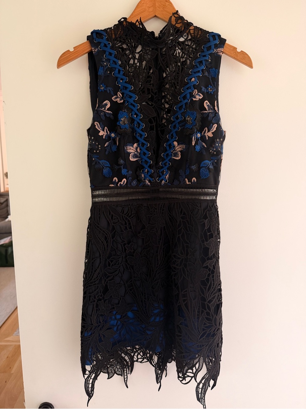 Self-Portrait Black Lace Mini Dress with Blue & Pink Floral Embroidery